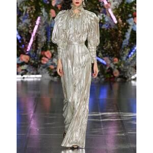 NWOT Rodarte Runway 2019 Wide Leg Pants Metallic Silver Plisse Lamé Size 6 Glam